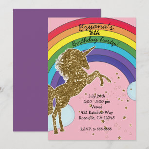 Invitation Licorne Rétro Arc-en-Ciel et Étoiles Dorées Fête d