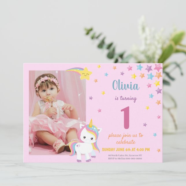 Invitation Licorne Rose Arc-en-ciel avec Photo (Debout devant)
