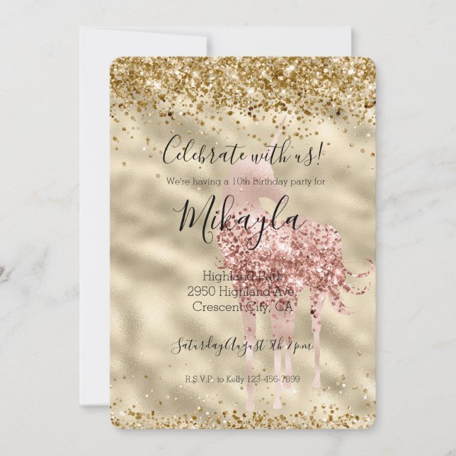 Invitation Licorne Rose Pailletée Confetti Fille (Devant)