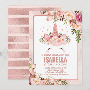 Invitation Licorne rose scintillante d'or/anniversaire