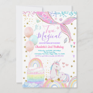 Invitation Licorne Sirène Deux Magique Fille 2ème Anniversair