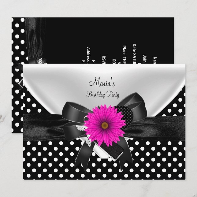 Invitation Lieu de fête d'anniversaire Polka point noir blanc (Devant / Derrière)