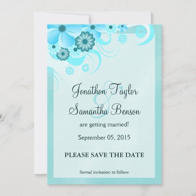 Invitation Light Aqua Blue Floral Économisez La Date Annonces (Devant)