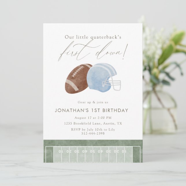 Invitation Light Blue Football Helmet First Birthday (Debout devant)