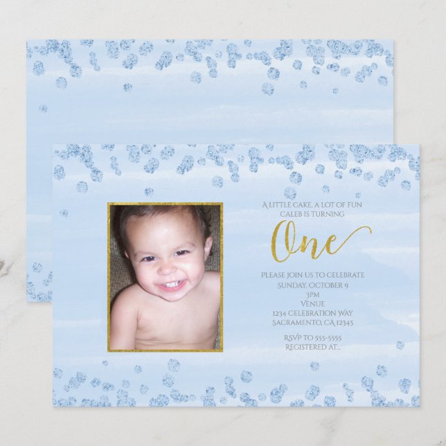 Invitation Light Blue Gold ONE 1er Anniversaire Photo Invitat (Devant / Derrière)
