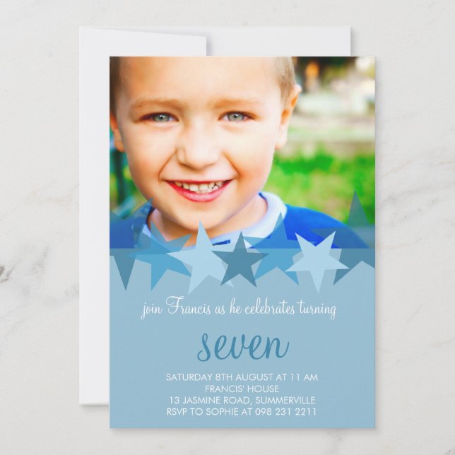 Invitation Light Blue Stars Enfants Photo Anniversaire Invita (Devant)