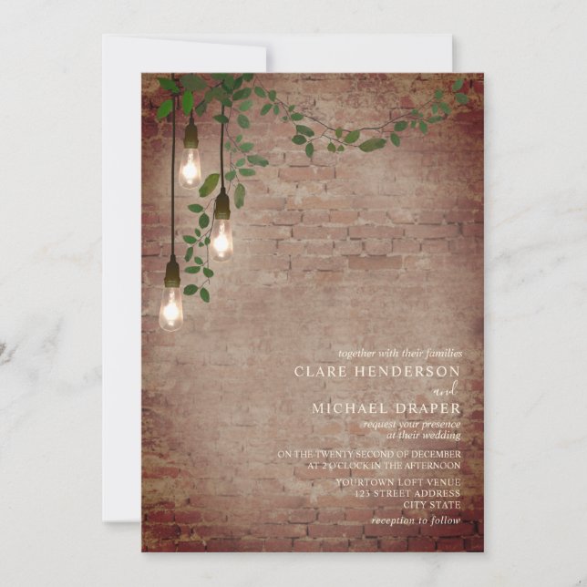 Invitation Lightbulb Green Mariage de brique Garland (Devant)