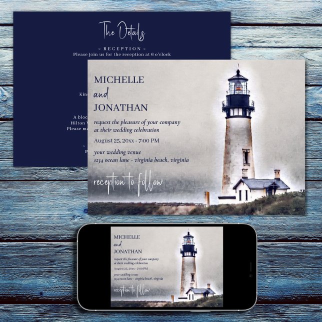 Invitation Lighthouse Plage nautique tout en un Mariage (Printed (Front and Back) and Digital - Lighthouse Nautical Beach All in One Wedding Invitation)
