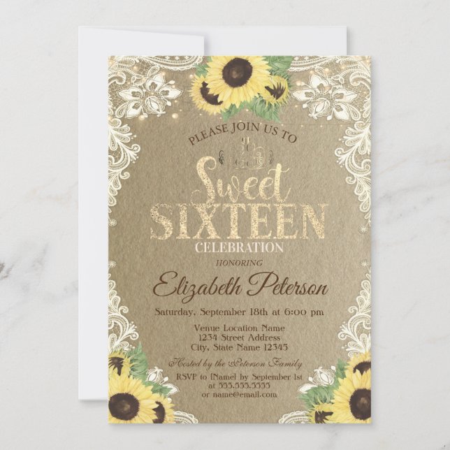 Invitation Lights,Tiara,Lace Sunflowers Kraft Sweet 16 Party (Devant)