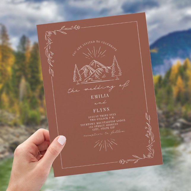 Invitation Ligne Art Woodland Mountain Terracotta Mariage (Créateur téléchargé)