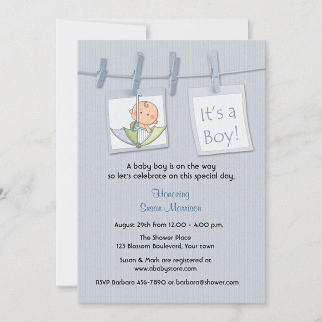 Invitation Ligne, Bleu, Douche pour bébé (Devant)