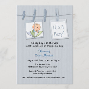 Invitation Ligne, Bleu, Douche pour bébé