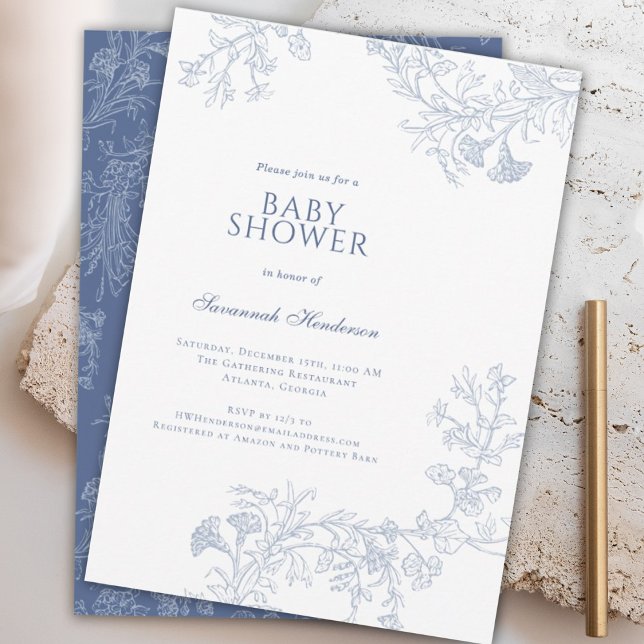 Invitation Ligne bleue classique Baby shower floral tiré (Créateur téléchargé)