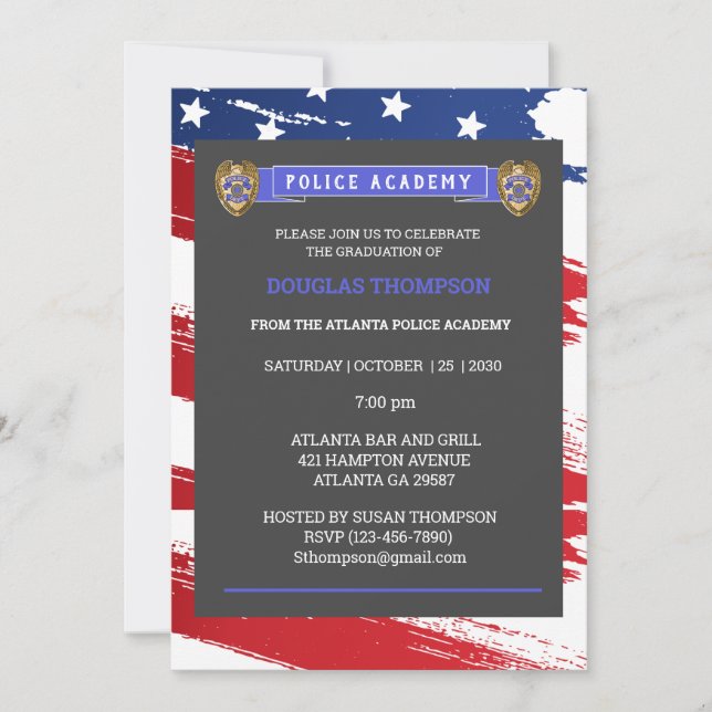Invitation Ligne Bleue Mince Drapeau Officier De Police Gradu (Devant)
