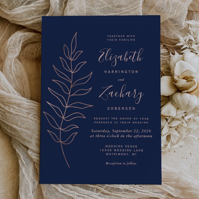 Invitation Ligne Botanique simple Art Rose de la Marine Maria (Créateur téléchargé)