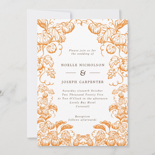Invitation Ligne citrouille et Feuille Tirée Mariage de autom (Devant)