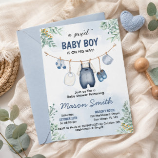 Invitation Ligne de vêtements bébé garçon bleu Baby Shower