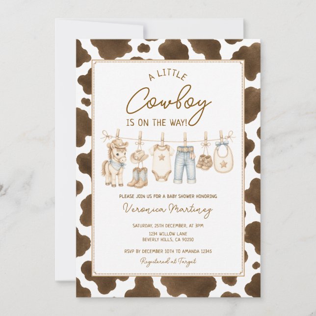 Invitation Ligne de vêtements pour Baby Shower Cowboy de l'Ou (Devant)