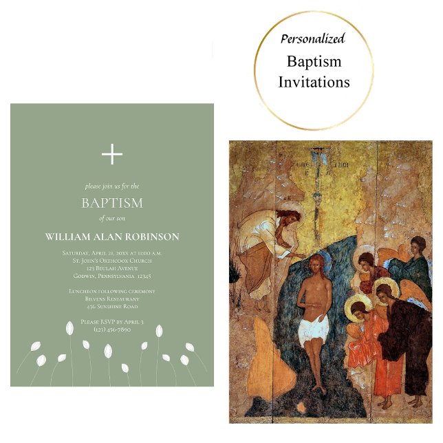 Invitation Ligne Dessin Fleurs blanches Baptême orthodoxe (Créateur téléchargé)
