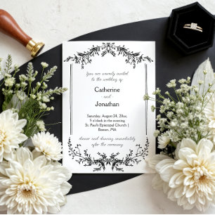 Invitation Ligne dessinée florale vintage mariage noir et bla