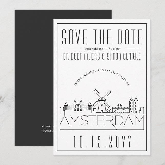 Invitation Ligne d'horizon stylisée du mariage d'Amsterdam, c (Devant / Derrière)