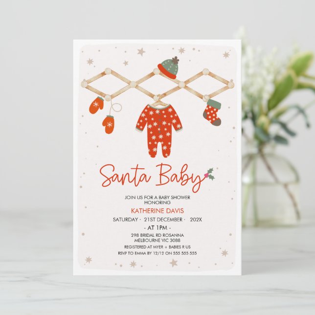 Invitation Ligne rouge moderne Père Noël Baby shower bébé (Debout devant)