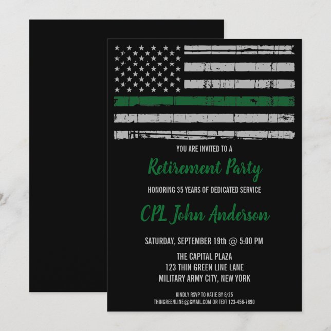 Invitation Ligne verte mince de l'Armée de retraite militaire (Devant / Derrière)