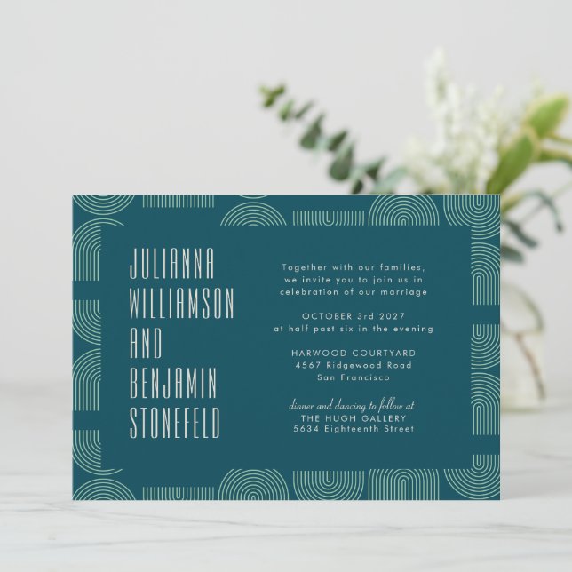Invitation Lignes d'arc géométrique moderne Turquoise Mariage (Debout devant)