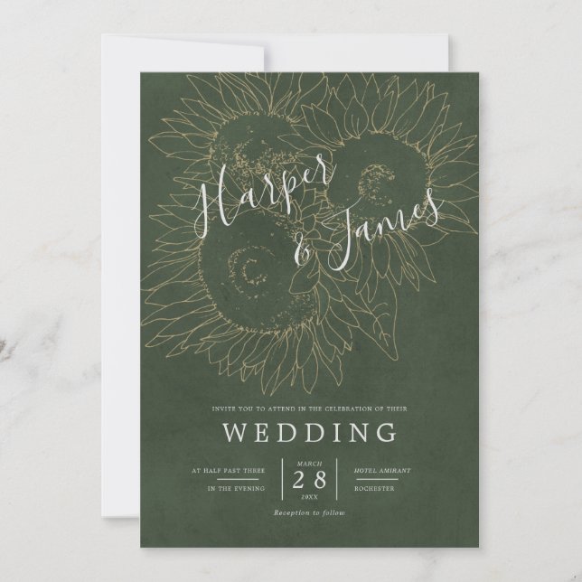 Invitation Lignes florales modernes tournesols mariage vert m (Devant)