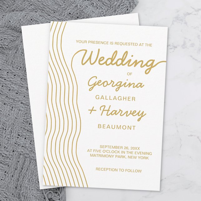 Invitation Lignes mariages Gold White Wavy Élégantes minimali (Créateur téléchargé)