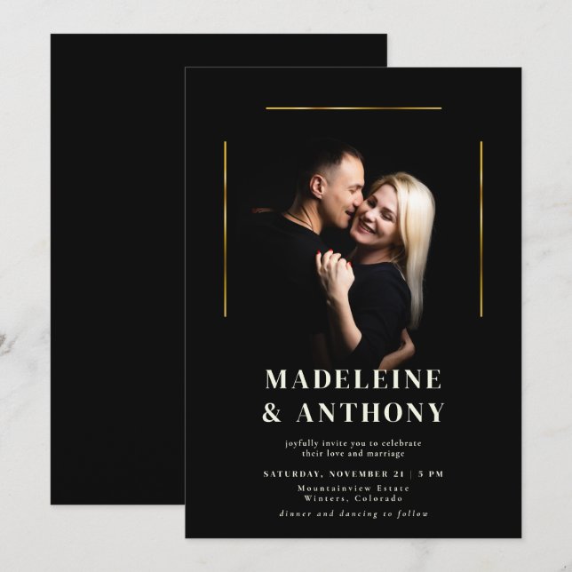 Invitation Lignes or Elegant Moderne Simple Mariage photo (Devant / Derrière)