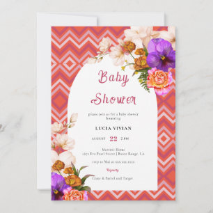 Invitation Lignes rétro Floral Magenta Fuchsia Baby shower