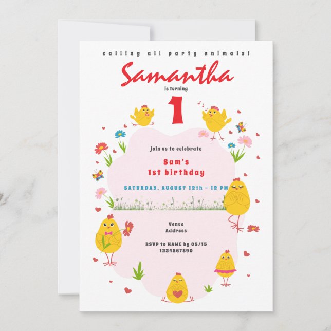 Invitation Lil' Chick Pâques Poulet Ferme Poulet Rose Girl An (Devant)