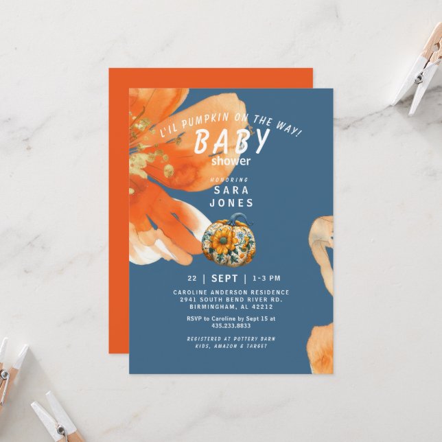 Invitation L'il Citrouille sur le chemin Baby shower animé (Devant/Arrière en situation)