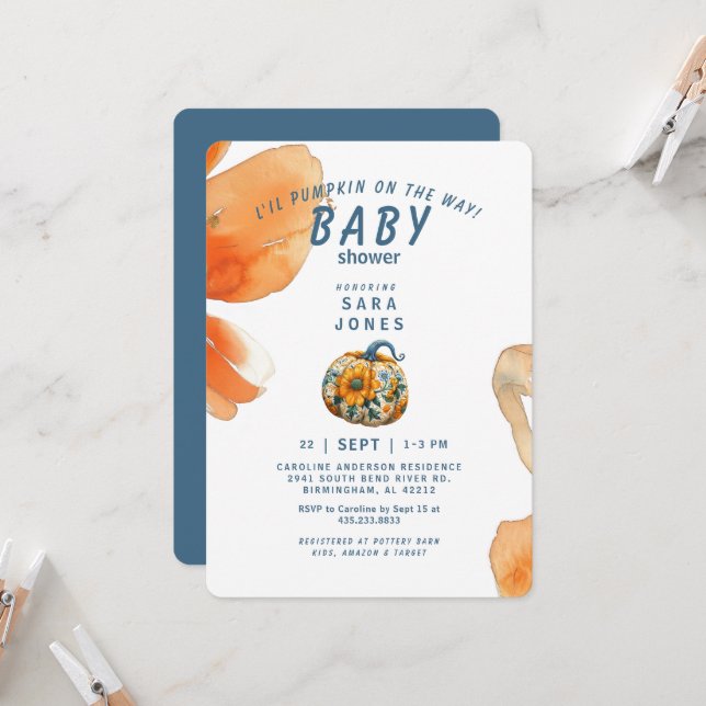 Invitation L'il Citrouille sur le chemin Baby shower d'automn (Devant/Arrière en situation)