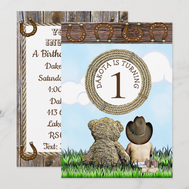 Invitation Lil' Cowboy et Teddy Bear Première fête d'annivers (Devant / Derrière)