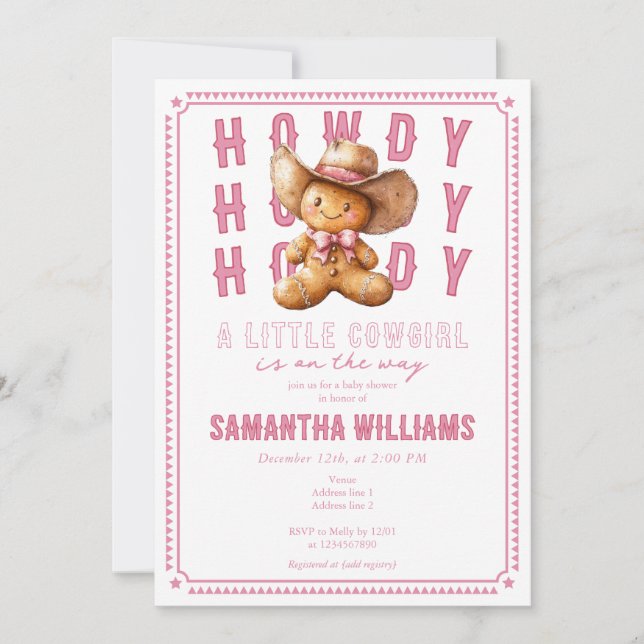 Invitation Lil Cowgirl Pain d'épice Noël Baby shower rose (Devant)