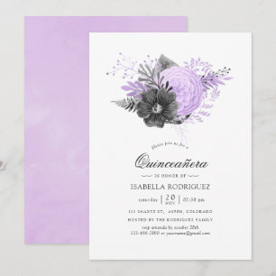 Invitation Lila et Charbon Floral Aquarelle Quinceañera