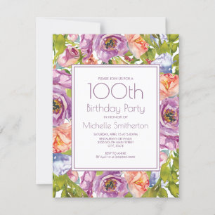 Invitation Lila Violet Orange Bleu Floral 100e Anniversaire