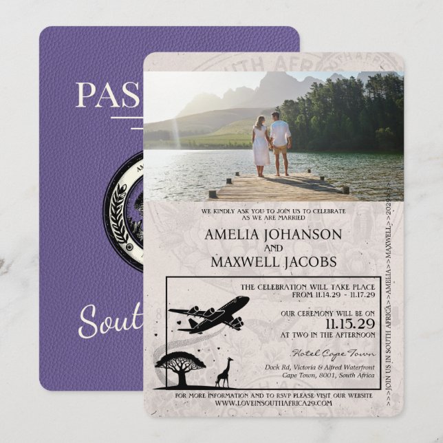 Invitation Lilac Afrique du Sud Mariage de passeport (Devant / Derrière)