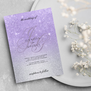 Invitation Lilac argent monogramme inital ombre parties scint
