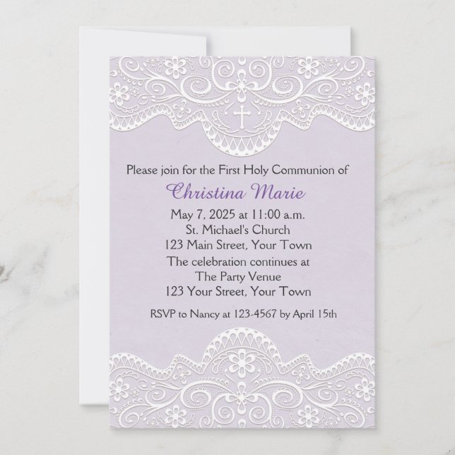 Invitation Lilac avec dentelle, croix, religieuse (Devant)