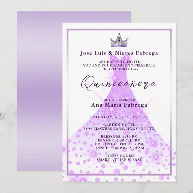 Invitation Lilac Ball Gown & Tiara Quinceañera Anniversaire (Devant / Derrière)