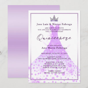 Invitation Lilac Ball Gown & Tiara Quinceañera Anniversaire