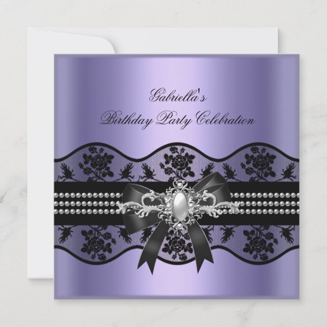 Invitation Lilac Black Lace Pearl Élégante fête d'anniversair (Devant)