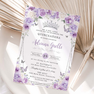 Invitation Lilac blanc blanc Floral argent Quinceañera XV 16