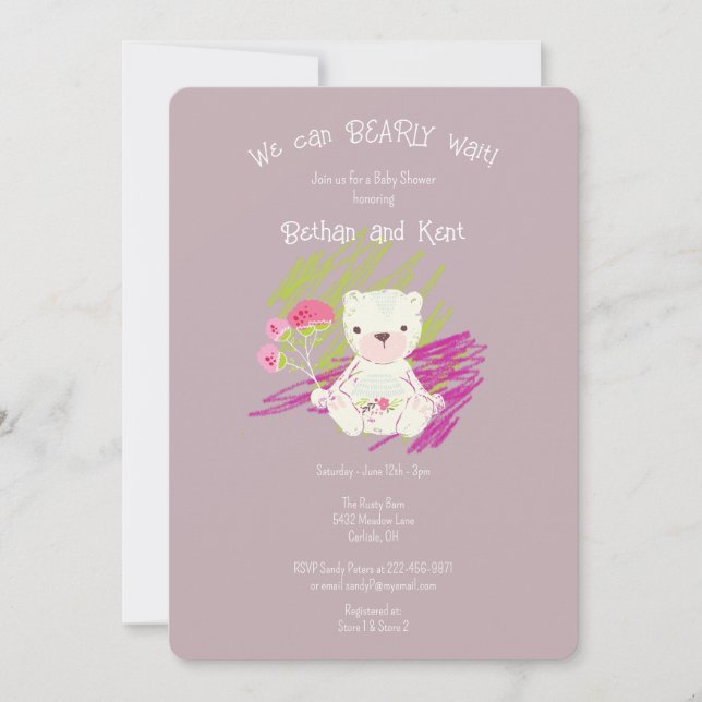 Invitation Lilac Burished Boho Teddy Bear Baby shower (Devant)