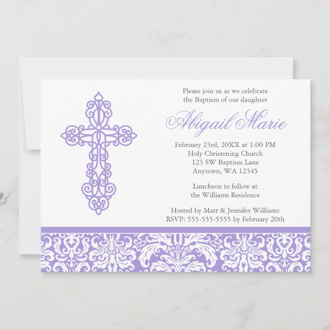 Invitation Lilac Croix Ornate Damask Girl Baptême Christening (Devant)