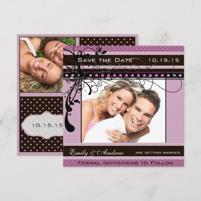 Invitation Lilac Dots and Swirls Mariage Photo Enregistrer la (Devant / Derrière)