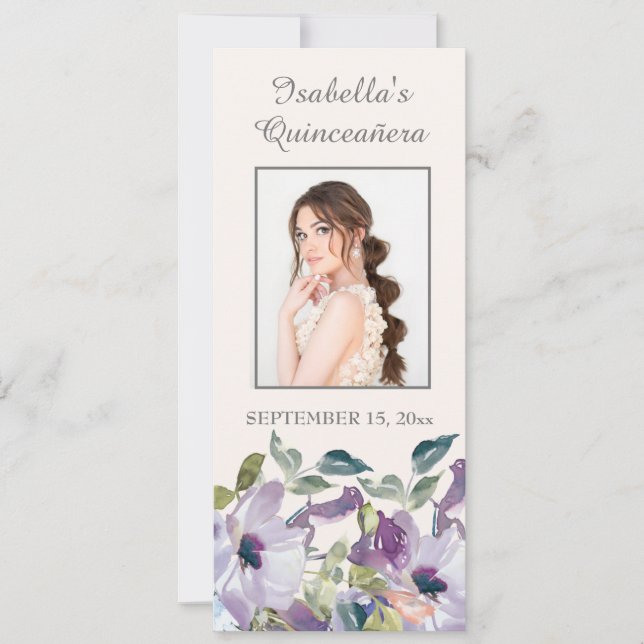 Invitation Lilac Dusty Blue Floral Quinceañera Signet (Devant)